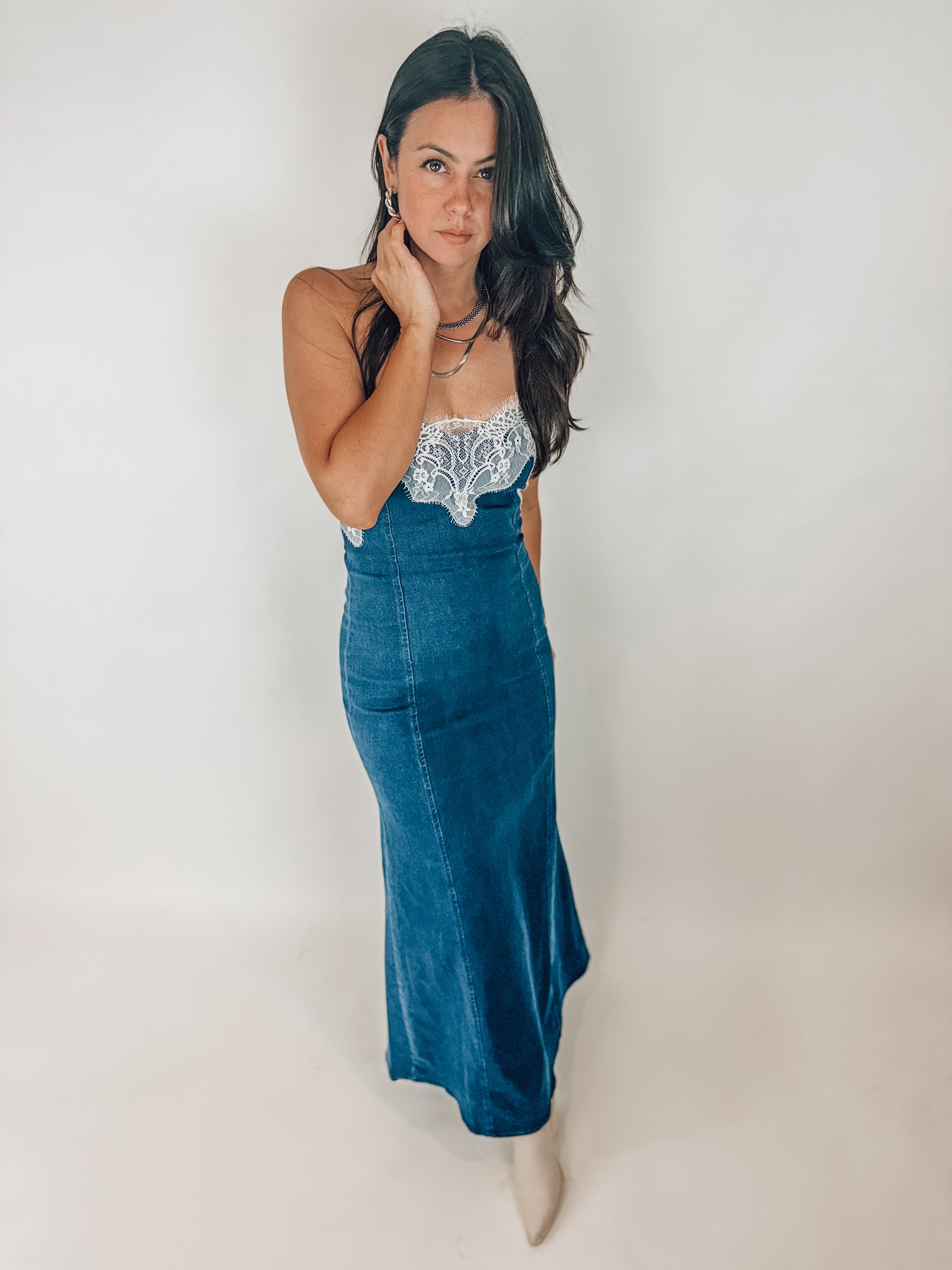 Lace Denim Maxi Dress Large