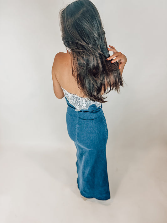 Lace Denim Maxi Dress