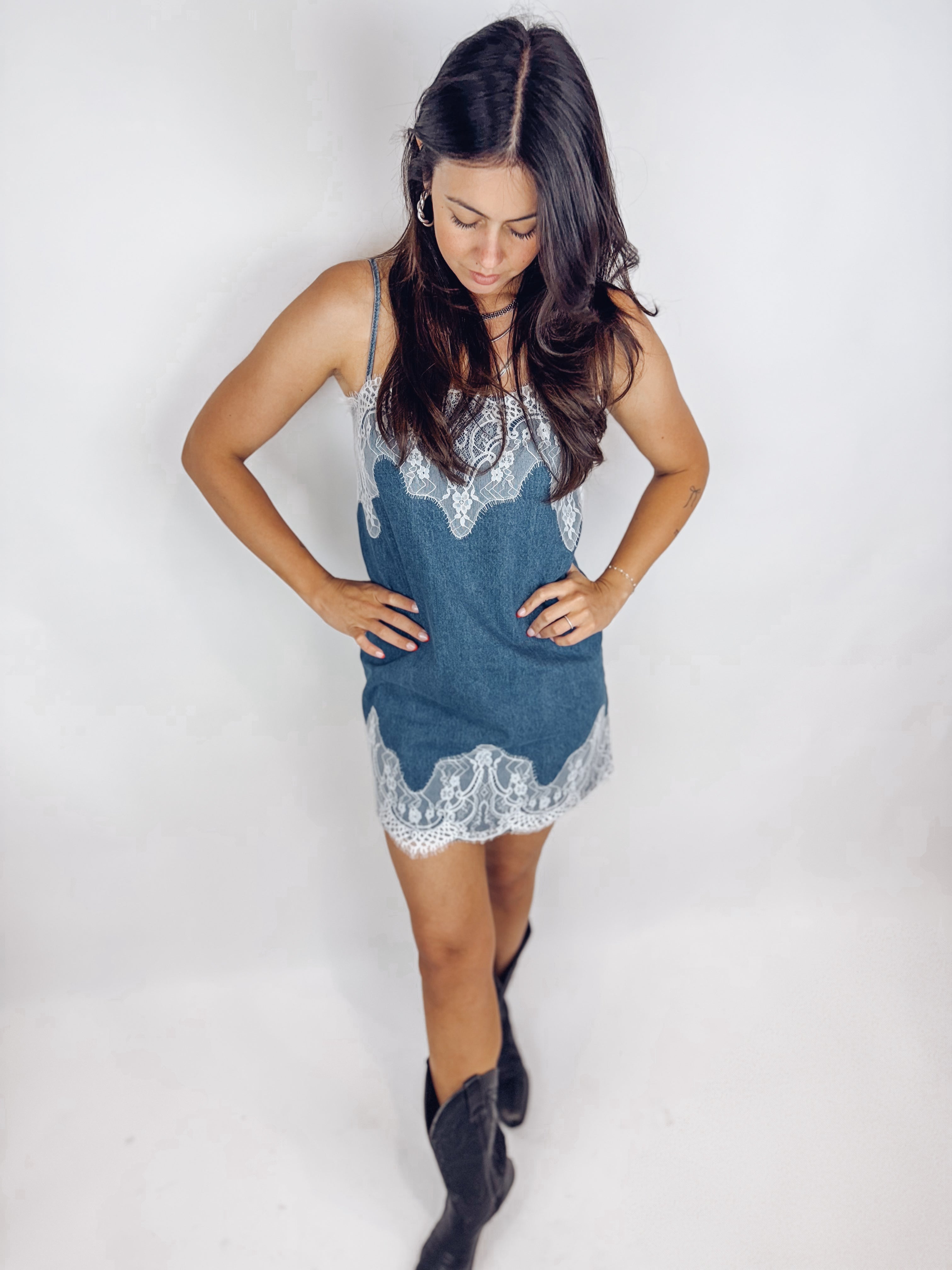 Lace Denim Mini Dress | Casually Little