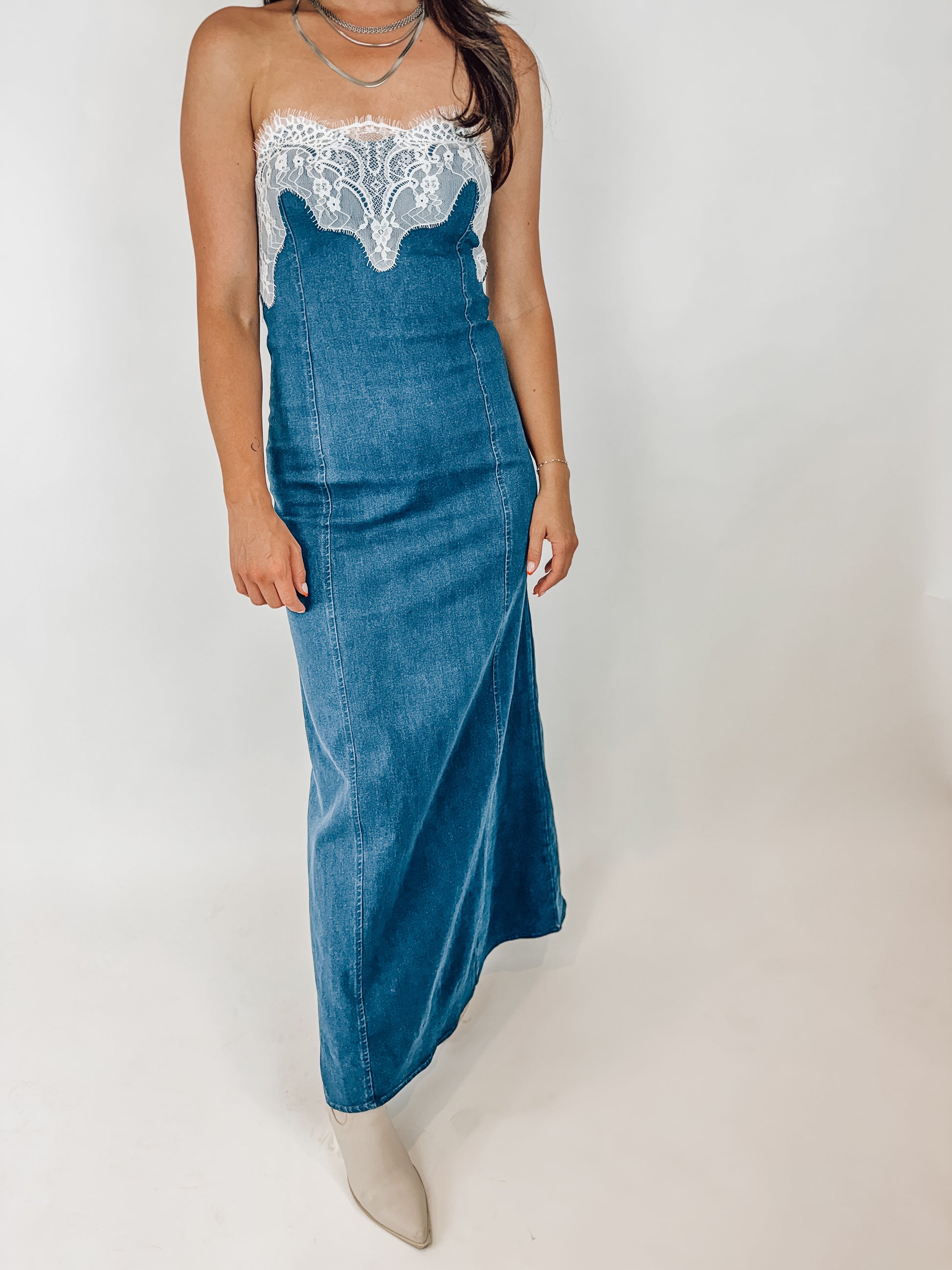 Lace Denim Maxi Dress | Casually Little Lace Denim Maxi Dress | Casually Little